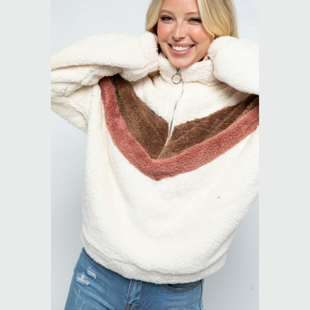 NWT Chevron Colorblock Sherpa Half Zip Sweater - Picture 1 of 9